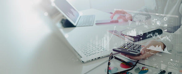 Business Financing Accounting Banking Concept, Businessman doing finances and calculating financial report with business graph growth cahrt, finance and investment concept