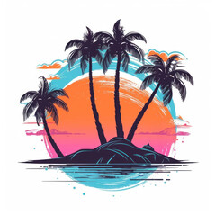 Palm trees silhouette on island, flat illustration, ai generative