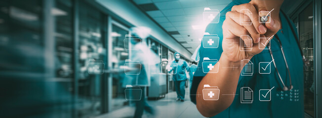 Doctor working on modern computer and taking survey, ticking answers at screen documents...