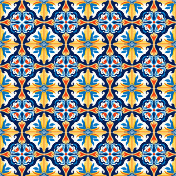 Illustration, AI generation. Azuleju, tile design. Seamless pattern, background. azulejo.