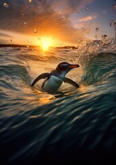 Swimming penguin in clear open water with sunset light. Generative Ai.