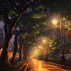 An exact illustration of this street with light posts and trees