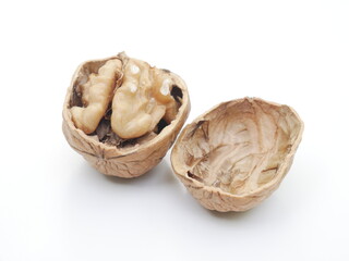 Wallnuts brain nuts shell isolated on white background. Raw nut cracked wallnut 
