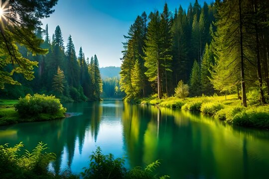 beautiful river in the green forest 