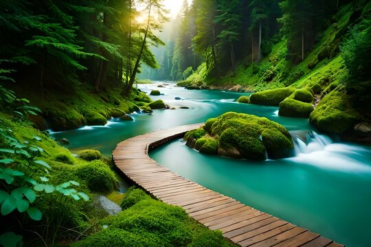 beautiful river in the green forest generated by AI tool