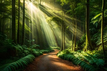  green forest with sun rays generated by AI tool