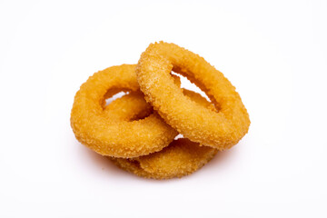 Fried onion rings on white background	