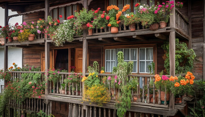 Fototapeta na wymiar Multi colored flowers adorn rustic window sill outdoors generated by AI