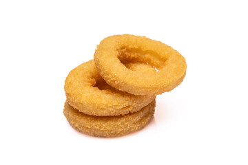 Fried onion rings on white background	