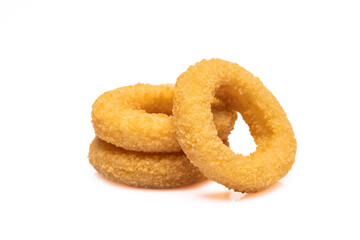 Fried onion rings on white background	