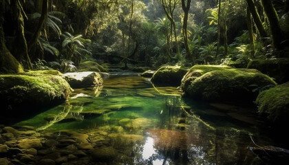 Fototapeta premium Tranquil scene of a tropical rainforest waterfall generated by AI