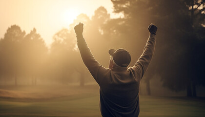 Successful athlete celebrates freedom in nature sunlight generated by AI