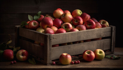 Juicy apples in wooden crate, autumn harvest generated by AI