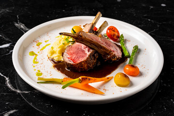 Top view of delicious grilled beef steak and vegetable served on plate, Grilled beef steak on a plate