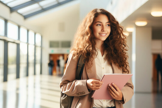 Female high school student standing in modern College or University hallway. Generative AI illustration