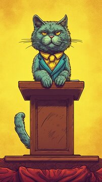 a sketch of a cat positioned such that it is perched on a podium.