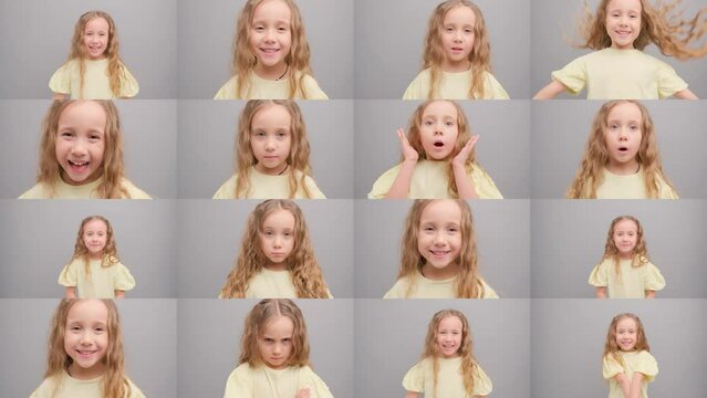 Collage of happy smiling faces of children. A girl with different emotions on her face in one video.