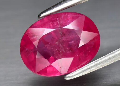 Natural gemstone red ruby on gray background