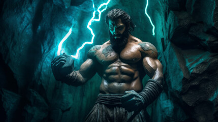 Fototapeta na wymiar Male figure of a mythological deity, muscular Zeus the lord of lightning in a cave. Created with AI.