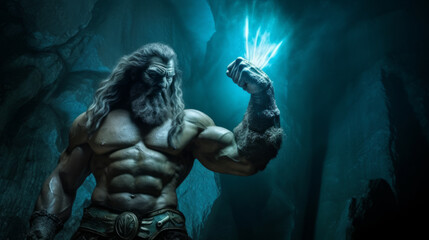 Fototapeta na wymiar Male figure of a mythological deity, muscular Zeus the lord of lightning in a cave. Created with AI.