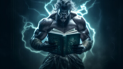 Male sculpture of a deity, muscular and brutal Zeus with lightning and a book. Created with AI.