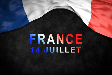 Fototapeta na wymiar Happy Bastille Day. 14th July. Flag of France on a blue background. Celebrating a public holiday. Independence Day. Greeting card or banner. Top view. Layout.