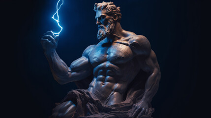 Male statue of a Roman deity, muscular Zeus with lightning in his hands in Olympus. Created with AI. - obrazy, fototapety, plakaty