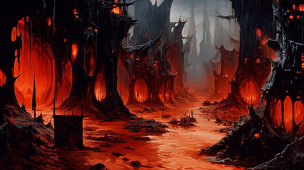 Illustration of a fiery landscape in a dungeon, road to hell. Created with AI.