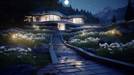 View of a designer modern mansion at night, a house with a courtyard area made of paving slabs and flower beds. Created in AI.