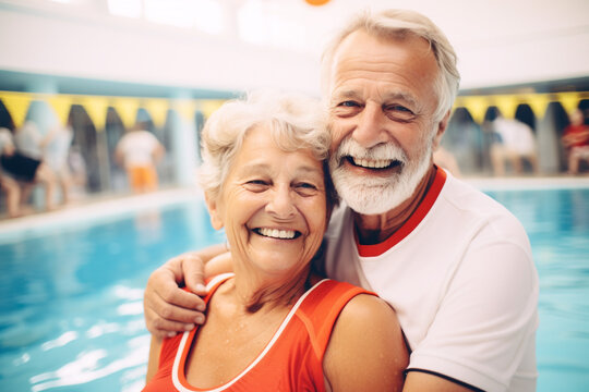 Senior couple on the pool. Laughter at the swimming pool side. Togetherness and marriage concept. Happy laughing caucasian senior adult couple hugging and looking at camera. Indoor shot. Sports area