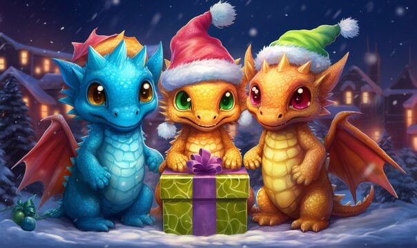 Three super cute hyper realistic dragon babys in Santa's hat with gift boxes. AI generated image.
