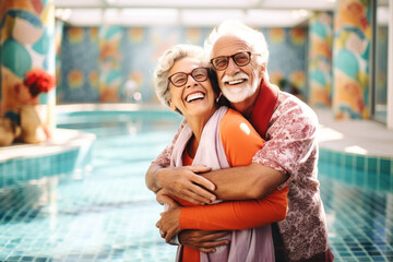 Obraz premium Senior couple on the pool. Laughter at the swimming pool side. Togetherness and marriage concept. Happy laughing caucasian senior adult couple hugging and looking at camera. Indoor shot. Sports area