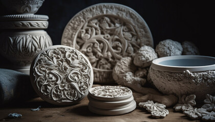 Ancient clay bowl with ornate decoration generated by AI