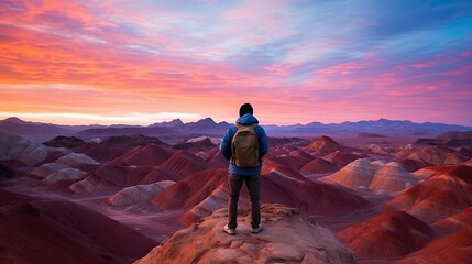Fototapeta premium tourist Standing on the top of Zhangye Mountain, China,ai generater.