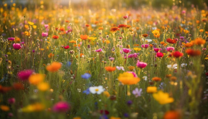 Vibrant wildflowers bloom in tranquil rural meadow generated by AI