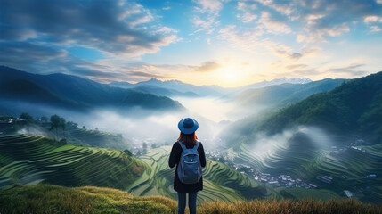 Fototapeta premium tourist Taking pictures on the top of the mountain, Ninhbin, Vietnam,ai generater