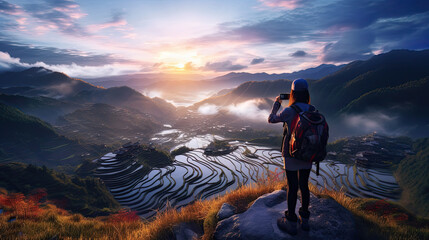 tourist Taking pictures on the top of the mountain, Ninhbin, Vietnam,ai generater