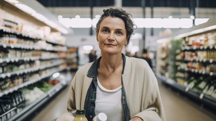Cheerful mature woman holding shopping bag while looking at camera standing in the supermarket. Generative AI