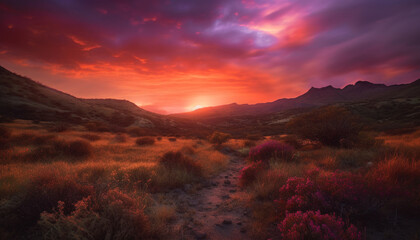 Obraz na płótnie Canvas Majestic mountain range, tranquil meadow, dramatic sky generated by AI