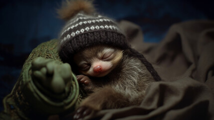 A newborn animal raccoon sleeps in a baby cradle.