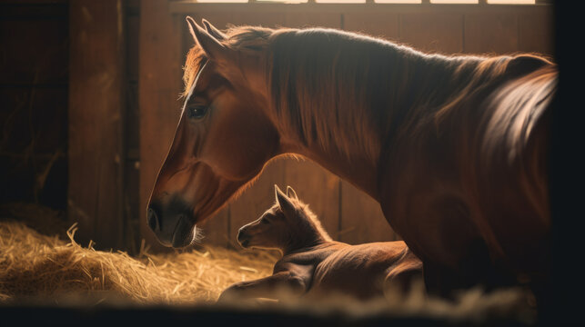 A horse with a newborn foal in a stall. Beautiful horse family, unique birth photography. Created in ai.