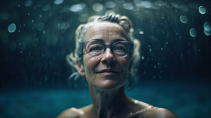 Mature woman relaxing while swimming in pool. Generative Ai
