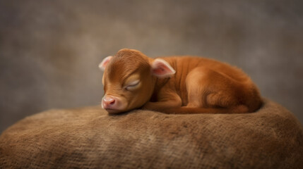 Little newborn brown calf in a photo studio. Beautiful baby cow. Created in ai.
