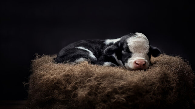 A small newborn black and white calf in a photo studio. Beautiful baby cow in the hay . 