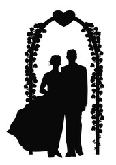 Hochzeitspaar unter einem Rosenbogen