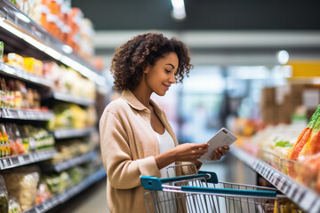 happy african woman shopping in a grocery store, demonstrating informed consumer. Brazilian woman.