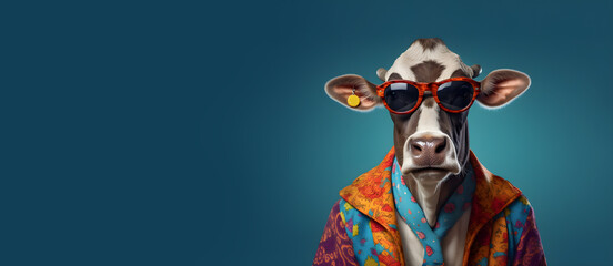 A portrait of a funky cow wearing sunglasses, funky jacket and a blue tie on a seamless dark blue background, copy space for text. Generative AI technology - obrazy, fototapety, plakaty