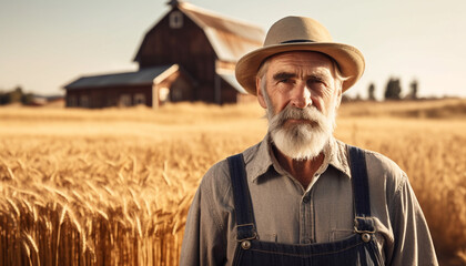 Senior farmer in straw hat harvesting wheat generated by AI