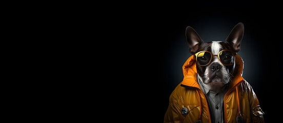 A portrait of a funky boston terrier dog wearing sunglasses, yellow jacket on a seamless black background, copy space for text. Generative AI technology