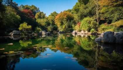 Tranquil reflection of autumn forest in pond generated by AI